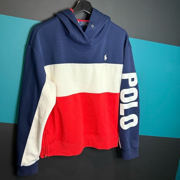 POLO RALPH LAUREN Multicolor Colorblock Spellout Pullover Hoodie Women's M - Picture 2 of 11